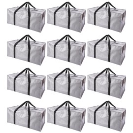 PANDA JOYS Extra Large Moving Bags with Zippers & Carrying Handles, Heavy-Duty Storage Tote for Space Saving Moving Storage, Fold Flat, Alternative to Box and Bin - 12 Pack, Silver