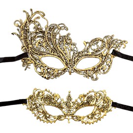 Lotsdonxia 2-Pack Gold Venetian Masquerade Masks – Female Elegant Eye Masks for Mardi Gras, Evening Proms, and Costume Parties (21 X 8cm)