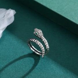 JFASHOP Snake Ring 925 Sterling Silver Adjustable Snake Open Ring with Zircon Animal Ring for Women Men Men, Sterling Silver, NON Ammolite