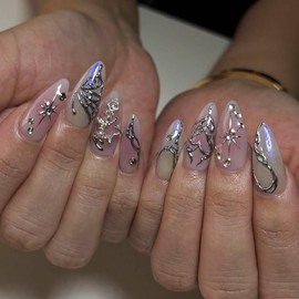 3D Silver Butterfly Press on Nails Purple Fake Nails with Rhinestone Design Full Cover Glossy Acrylic Nails Medium Almond False Nails Stick on Nails for Women Daily Nail Art Decor 24Pcs