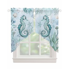 Teal Seahorse Swag Valances for Windows Coral Shell Jellyfish Semi Sheer Valance Curtains Summer Coastal Seaweed Voile Swags Topper Curtain for Kitchen Living Room Bedroom, 2 Panels, 36x36 Inch