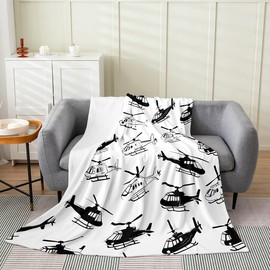 Feelyou Helicopter Flannel Fleece Throw Blanket Throw 50"x60" Black White for Boys Teens Airplane Print Plush Blanket Aircraft Flying All Season Bed Blanket