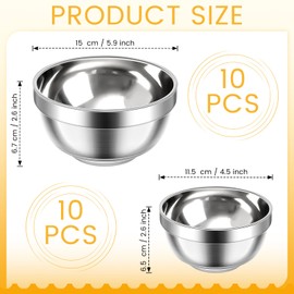 Mimorou 20 Pack 304 Stainless Steel Bowls Set 13oz 20oz Metal Double Walled Insulated Snack Mixing Lightweight Multipurpose Toddler Dinner Bowls for Ice Cream, Cereal, Snack