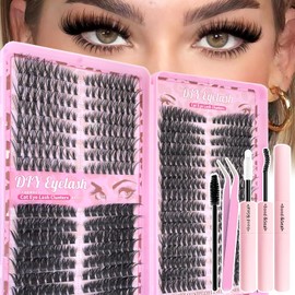 Lash Clusters Kit, Natural 560 Pcs Cluster Eyelash Extensions Kit 9-16mm Individual Lash Extensions Kit D Curl Fluffy Wispy False Eyelashes 40D+60D+80D Kit,With Bond & Seal Tweezers Brush for beginner