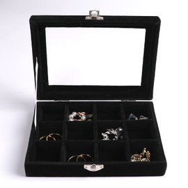 Frebeauty Jewelry Organizer Tray with Clear Lid,12 Grid Velvet Drawer Insert Jewelry Storage Box with Transparent lid Jewelry Display Case Store Showcase Jewelry Box Gift for Women(Black,12 Grid)