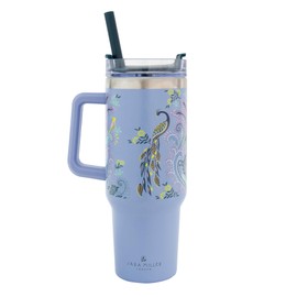 Sara Miller Savannah Large Travel Cup, Stainless Steel Double Wall Insulated Tumbler with Handle and Straw, Holds 40floz, Blue