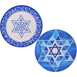 Set of 2 Blue and White Chanukah Melamine Plates with Star of David Design - 11 Inch - Durable and Stylish Hanukkah Dinnerware for Celebrations and Festive Meals, Judaica Themed Decorative Plates