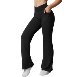 OQQ Yoga Pants Women High Waist Crossover Stretch Casual Soft Straight Leg Bottoms with Pockets Black