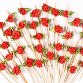100 Counts Red Rose Flower Cocktail Picks Fancy Toothpicks for Appetizers 4.7 Inch Bamboo Cocktail Sticks Bridal Shower Wedding Valentines Party Food Fruit Drinks Decorative Skewer Sticks
