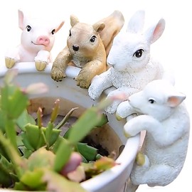EHERDM 4PCS Hanging Animal Flower Pot Hugger Adorable Resin Cartoon Animal Planter Edge Decor Flower Pot Figurine Planter Hanging Ornaments for Garden Yard Balcony Pig Squirrel Rabbit Lamb