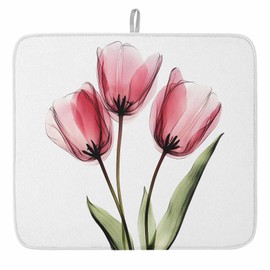 Pink Tulip Flowers Dish Drying Mats for Kitchen Counter,Absorbent Microfiber Dish Drainer Rack Mat Spring Summer Country Floral Drying Pad for Sinks,Utensils,Countertops,16x18in