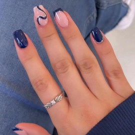 Simplicity Dark Blue Press On Nails - Short, Glossy False Nails with Shiny Curve Designs, French Tip, Reusable Acrylic Nails for Women & Girls