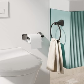 WZRUA Bathroom Hardware Set 2 Pieces Toilet Paper Holder and Towel Ring Wall Mounted Stainless Steel and Zinc Alloy Matte Black