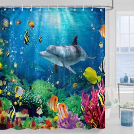 Ocean Fish Shower Curtain，Underwater World Sea Dolphin Tropical Fishes Coral Bathroom Curtains Decor Set, Polyester Fabric Waterproof Bath Curtains with 12 Hooks, 72X72 Inch
