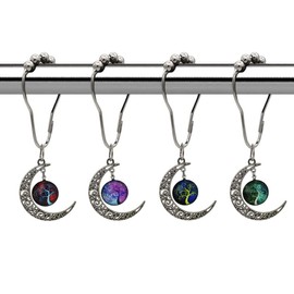 Kinwot Moon Tree of Life Decorative Shower Curtain Hooks for Bathroom, Rust Proof Metal Shower Curtain Rings Set of 12 with Alloy Moon Tree of Life Pendant Natural Theme Bathroom Decor