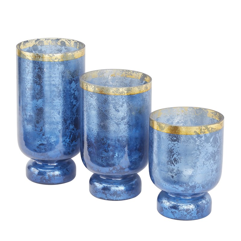 Deco 79 Glass Pillar Hurricane Lamp with Gold Interior, Set
