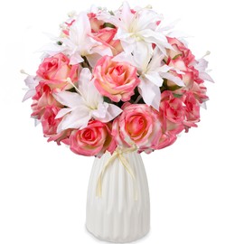 Hotop 20 Pcs Artificial Lily and Rose Flower Bouquet with Long Stem,Realistic Red Rose and Pink Lilies Plastic Silk Fake Floral Arrangement Gift for Bridal Wedding Table Centerpiece(Pink & White)