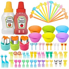 Kit 71 Piezas Mini Botellas,Incluir 2 mini Frascos, 60 mini Palillos tenedor para lunch Animales Para Fruta Niños,3 cortadores de verduras,6 Moldes Para Cupcakes,para pasteles, Oficina fiestas (71 PZ)