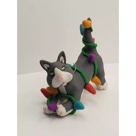 Celtic Forest Clay GRAY and WHITE CAT Christmas Ornament TANGLED IN LIGHTS Stretching HAND MADE
