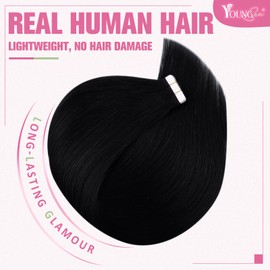 YoungSee Tape-In Extensions Real Hair Black 45 cm Real Hair Extensions Tape Black Seamless Tape Extensions Real Hair Straight Tape Real Hair Extensions Tape Hair Extension Tape in Real Hair 50 g #1