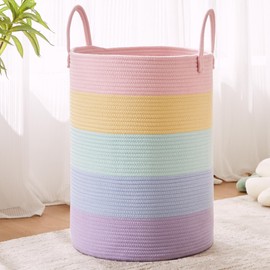 MOJOSCEND 80L Extra Large Rainbow Cotton Rope Laundry Basket Tall Hamper for Girls Kids Room Baby Nursery for Clothes Blanket Toy Storage Pastel Unicorn Room Decor in Living Room Playroom Bedroom