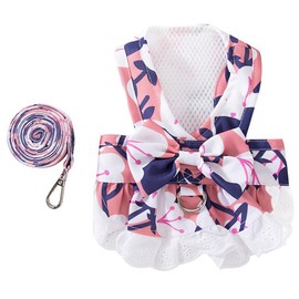 Anelekor Dog Harness Dress for Small Dog Daisy Floral Dog Harness and Leash Set Bow Knot Girl Puppy Princess Skirt with D-Ring Mesh Summer Pet Clothes for Cat Dogs(Pink, X-Small)