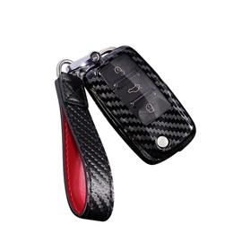 HIBEYO Key Fob Case Cover for VW Volkswagen Mk6 Bora Jetta GTI Passat Golf Tiguan Touareg Beetle Bora Polo Skoda 3 Buttons 2021 Flip Folding Smart Remote Key Shell with Red Keychain Holder Keyless
