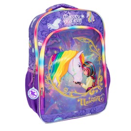 AI ACCESSORY INNOVATIONS Unicorn Academy 16” Backpack with Rainbow Hair Extension, School Bag for Girls Featuring Sophia & Wildstar, Purple