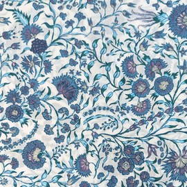 AVKA Studio Hand Block Print Fabric by The Yard - PRECUT 3 Yard 42 Inch Width - 100% Cotton Material - White with Blue & Purple Floral Pattern - Light Weight Indian Cloth for Making Summer Dress Tops