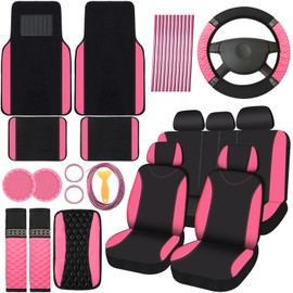 BBTO 43 Pcs Bling Car Accessories Set for Women Front Seats and Rear Bench Polyester Car Seat Protectors Wheel Cover Seat Floor Mats Full Crystal Automotive Interior Decor(Pink and Black)