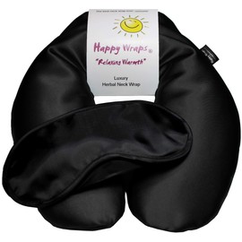 Happy Wraps Microwavable Herbal Neck Wrap - Hot Cold Aromatherapy Neck Warming Pillow - Heating Pad for Migraines, Stress, Gifts for Women, Birthdays, Christmas and Free Sleep Mask - Onyx Satin