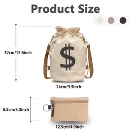 AseiTaku Canvas Drawstring Backpack with Coin pouch, Large Money Dollar Sign Bucket Rucksack, Lightweight Sport Bags (Off White)