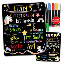 JMHACHY First and Last Day of School Sign - Back to School Sign, 12×10 in Reusable Double Sided Chalkboard Signs with 5 Markers for 1st Day of Kindergarten Preschool Pre K Kids Boys Girls, Unicorn