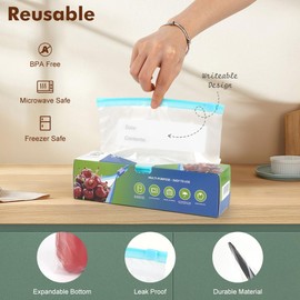 WALLFID Reusable Freezer Bags Set - 60-Pcs, Small, Medium, Large Food Storage Ziplock Bags with Bag Holder, 120 Sticker Labels & Pen | BPA-Free & Eco-Friendly PE, Multipurpose for Fridge & Travel