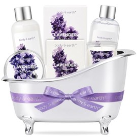 Bath Spa Gift Basket for Women, Body  Earth Lavender Scented 4 Pcs Home Spa Gift Kit with Shower Gel, Bubble Bath, Bath Salts and Bath Soap, Best