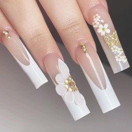 FOXIIU Press on Nails Long Coffin Shaped Glossy Full Cover Acrylic Long Length French False Nails with Designs Artificial Long Square Fake Nails with Charms Glue ons Fingernails for Women(XD9009)