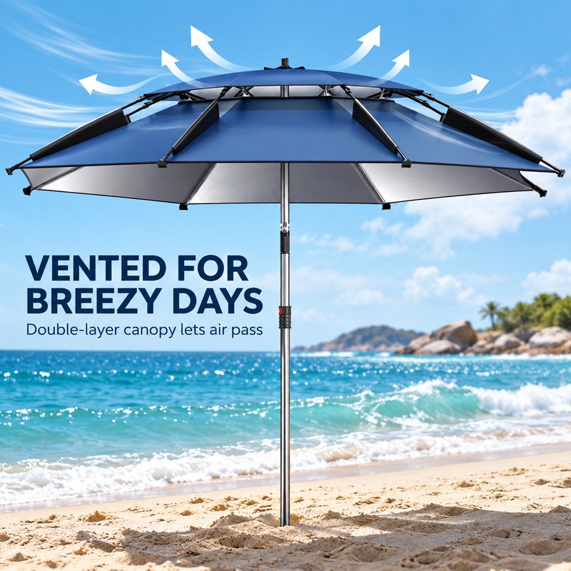 UPF 50+ Fishing Umbrella, Adjustable Tilting Outdoor Sunshade with Ventilated