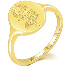 Jude Jewelers Stainless Steel Dainty Sun Flower Pattern Signet Style Wedding Promise Statement Anniversary Valentines Ring (Gold, 11)