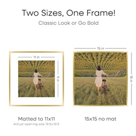 Homeforia Gold Picture Frames 15x15, Premium Brass 15x15 Frame with 11x11 Mat, Tempered Glass, Wall Hook Included, Set of 1