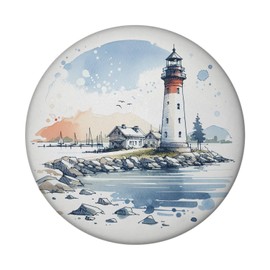 Lighthouse with Houses in the Background Magnet Round Nautical Flair for the Fridge Sea Coast Lovers Signal Water Navigation Decoration