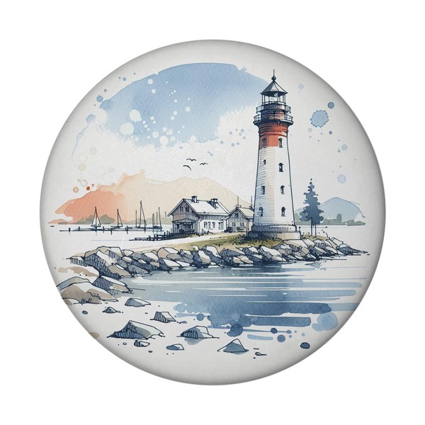 Lighthouse with Houses in the Background Magnet Round Nautical Flair