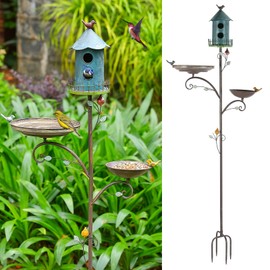CaliDecor Metal Bird Bath Feeder and Houses for Outdoors, Birdbaths for Outside with 4-Prong Stake, 3 in 1 Free Standing with Blue House on Pole for Garden Patio Yard Lawn