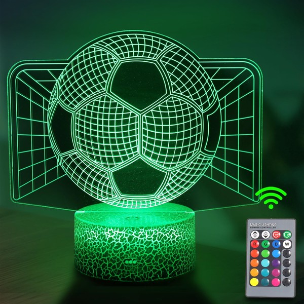 JOLLYEEP Football Night Light for Children, 3D Illusion Lamp, Children's Room, LED Light, Remote Control, 16 Colour Changing, Dimmable, Birthday, Christmas Gifts for Girls, Boys, Living Room, Bedroom