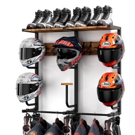 Motorcycle Helmet Rack with 6 J-hooks& 6 Clip Hooks – Wall Mounted Helmet Holder Stand for 6 Helmets, Riding Suits & Accessories, Sturdy Construction Storage Organizer for Entryway or Garage