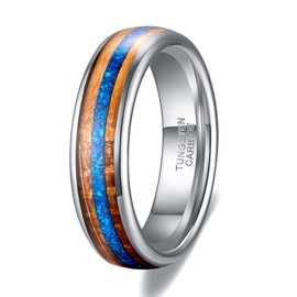 TRUMIUM 6mm Tungsten Rings for Men Women Real Opal and Whisky Barrel Wood Inlay Mens Wedding Band Engagement Promise Ring Bevel Edges Comfort Fit Size 9