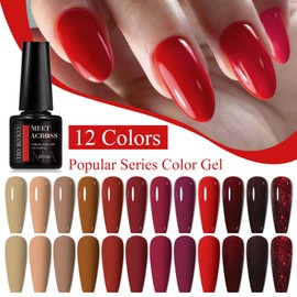 MEET ACROSS 12 Bottle/Box Gel Nail Polish, Netural Brown Red Colors, Long-Lasting Semi Permanent UV Gel, Soak-Off UV LED Cured, Perfect for Home Salon Nail Art