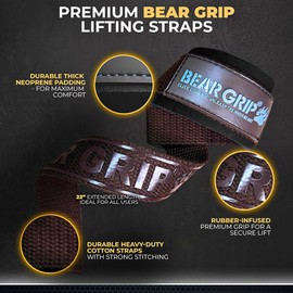 BEAR GRIP Straps - Premium Neoprene padded Heavy Duty double stitched weight lifting gym straps, Gel grip, 100% cotton, Extra long length (Brown)