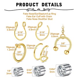 MODRSA Fake Piercings Fake Nose Ring Hoop Fake Lip Ring Fake Septum Ring Faux Nose Rings Double Hoops Clip on Nose Ring Fake Earring Hoops Fake Nose Piercing Fake Nose Stud Clip Earring with Chain
