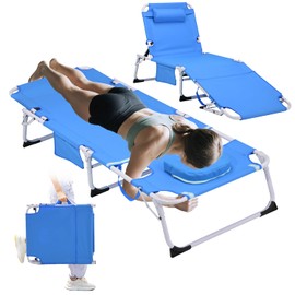 3-in-1 Heavy Duty Tanning Chair with Face Hole Adjustable 5-Position Folding Chaise Lounge Chairs for Portable Lay Flat Beach Lounge Chair for Outdoor Sunbathing Patio Pool Lawn Camping Deck (Blue)