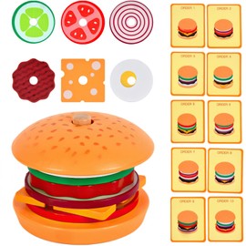 MIKNEKE Wooden Burger Stacking Toys for Kids, Play Fake Food Toy for Toddlers, Montessori Toys for 3 Year Old, Preschool Educational Toys to Develop Fine Motor Skills (Burger)